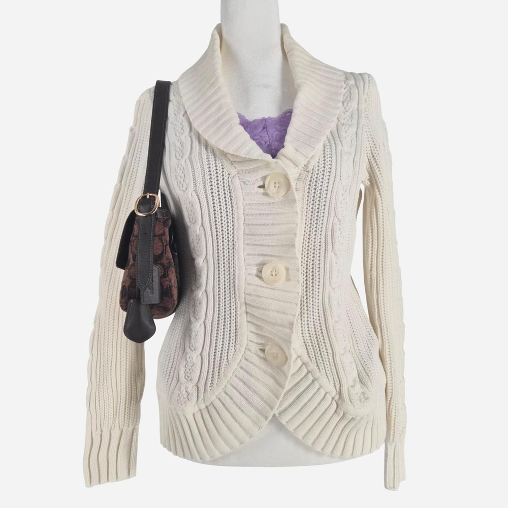 cream curved hem Cable Knit Cardigan Sweater with shawl collar
